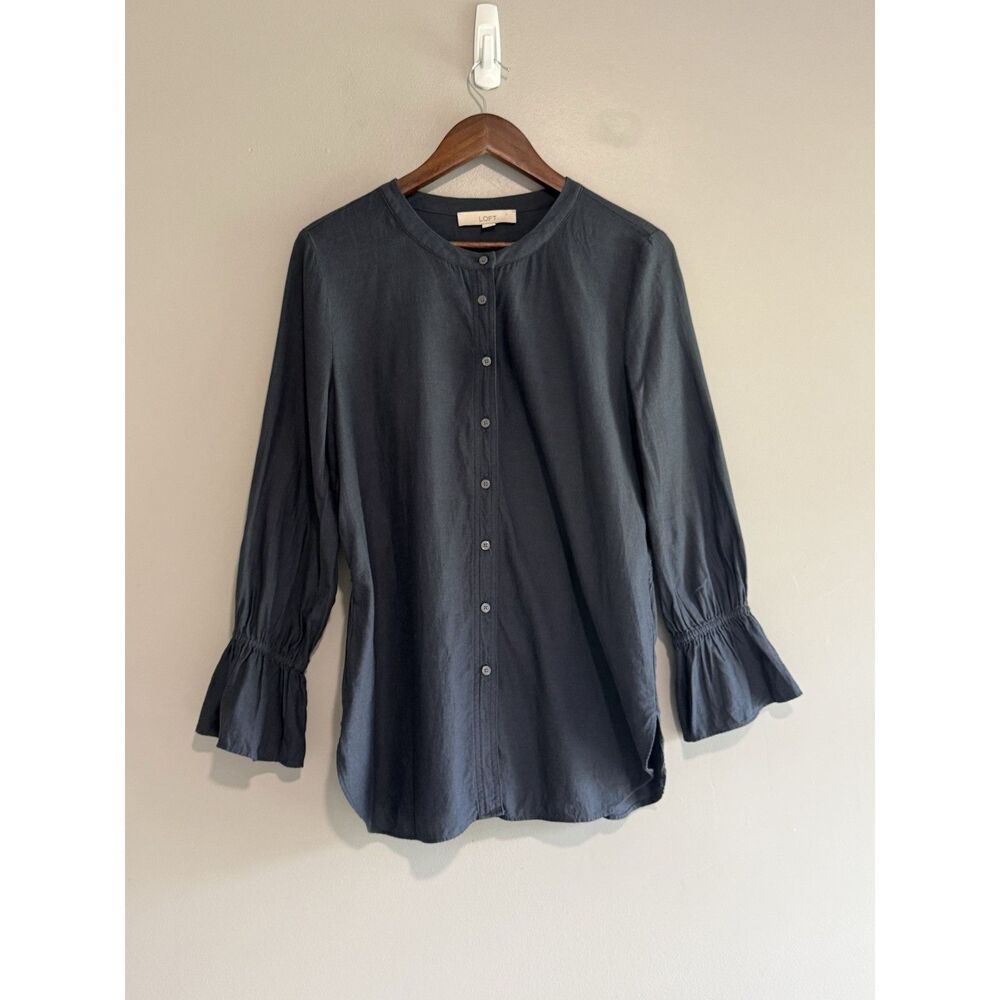 Loft Cotton Navy Top Long Sleeve Flutter Ruched Ruffle Flared Nautical Button M - Picture 2 of 15